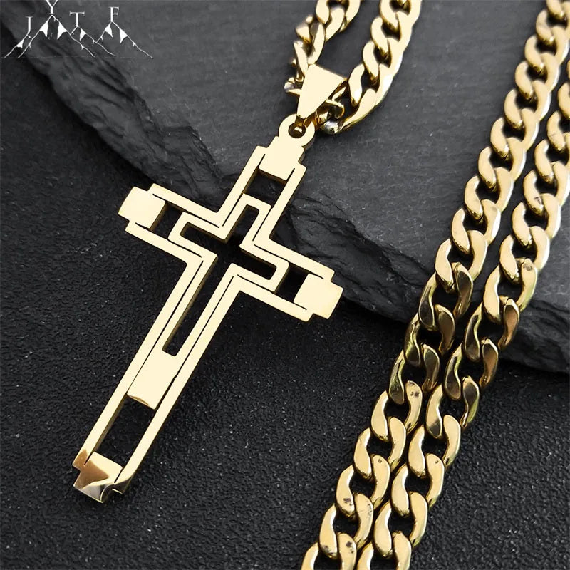 Hip Hop Cross Stainless Steel Chain Necklaces Gold Color Long Pendant Necklace for Women Men Christian Jewelry Collier Homme