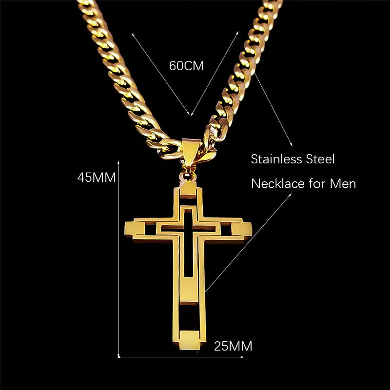 Hip Hop Cross Stainless Steel Chain Necklaces Gold Color Long Pendant Necklace for Women Men Christian Jewelry Collier Homme