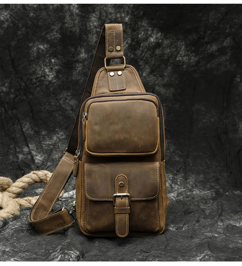 Genuine Leather Men'S Chest Bag Vintage Cow Leather USB Charging Summer Crossbody Bag Travel Sling Shoulder Bags Crossbody Bags