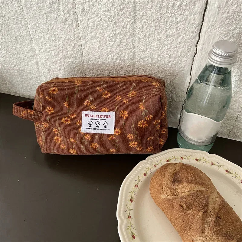 Women'S Cosmetic Bag Corduroy Flower Lipsticks Makeup Bag Korean Student Pencil Case Travel Makeup Brushes Bag Neceser Organizer