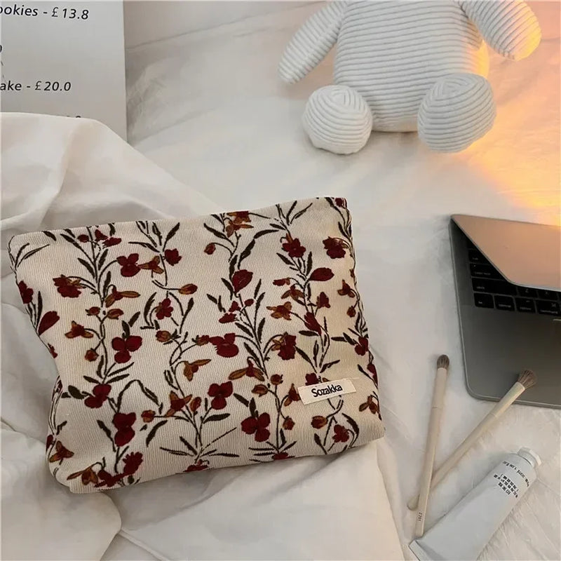 Women'S Cosmetic Bag Corduroy Flower Lipsticks Makeup Bag Korean Student Pencil Case Travel Makeup Brushes Bag Neceser Organizer