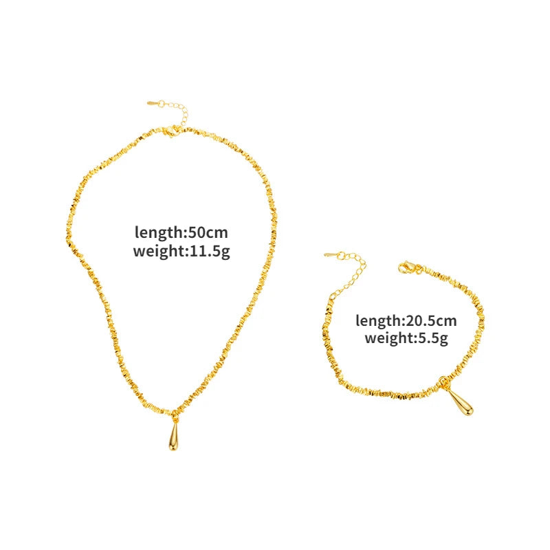 Luxury 14 K Gold Color Water Droplet Bracelet Necklace for Women Fashion Shiny Jewelry Set Wedding Anniversary Jewelry Gifts
