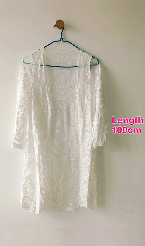 2022 Dress Beach White Lace Summer Maxi Dress Women Long Sleeve Beach Cover up Sexy See through Boho Bikini Beachwear Cover-Ups