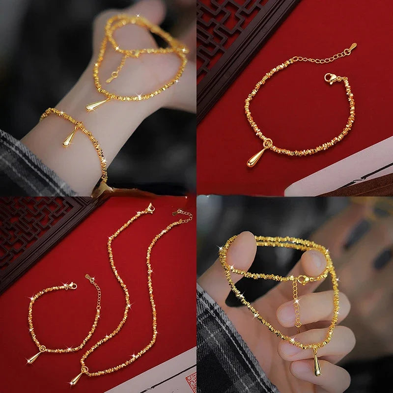 Luxury 14 K Gold Color Water Droplet Bracelet Necklace for Women Fashion Shiny Jewelry Set Wedding Anniversary Jewelry Gifts