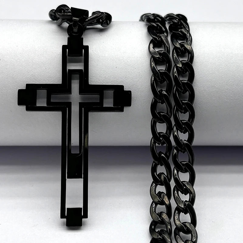 Hip Hop Cross Stainless Steel Chain Necklaces Gold Color Long Pendant Necklace for Women Men Christian Jewelry Collier Homme