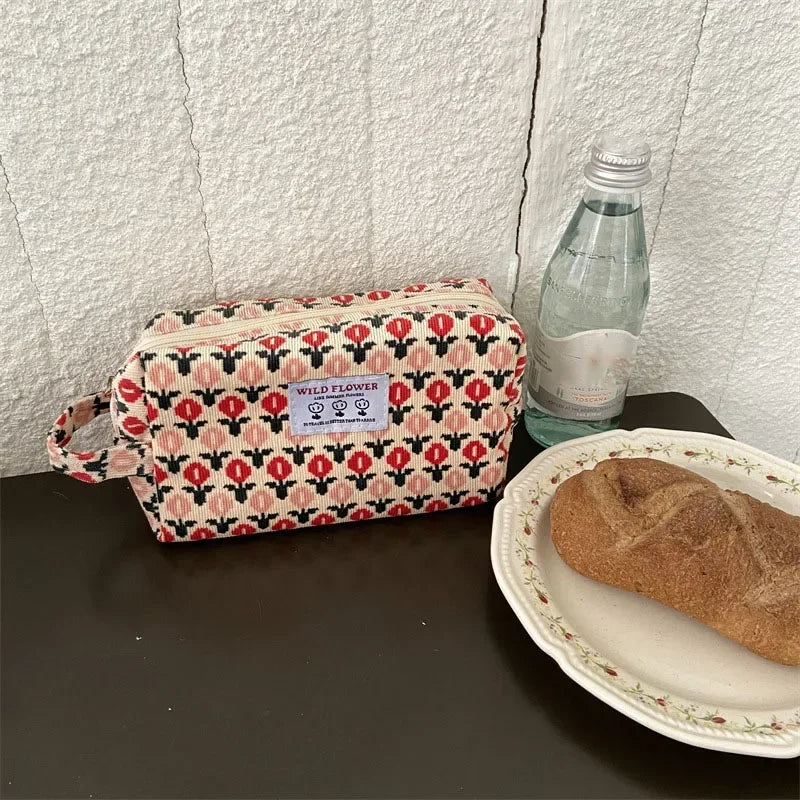 Women'S Cosmetic Bag Corduroy Flower Lipsticks Makeup Bag Korean Student Pencil Case Travel Makeup Brushes Bag Neceser Organizer