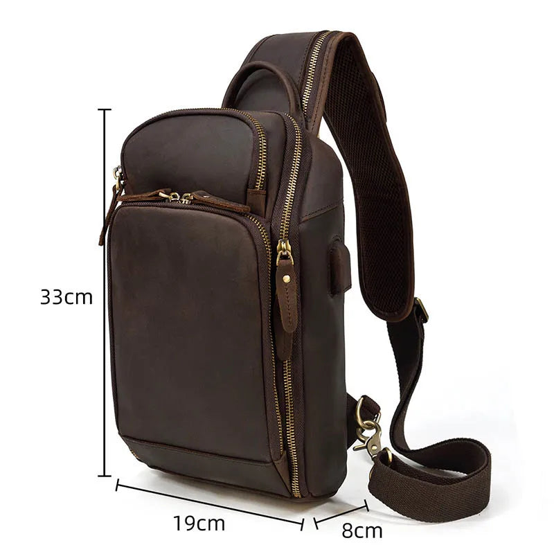 Genuine Leather Men'S Chest Bag Vintage Cow Leather USB Charging Summer Crossbody Bag Travel Sling Shoulder Bags Crossbody Bags