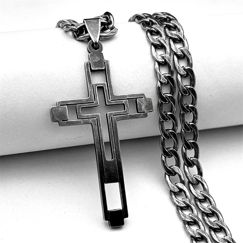 Hip Hop Cross Stainless Steel Chain Necklaces Gold Color Long Pendant Necklace for Women Men Christian Jewelry Collier Homme