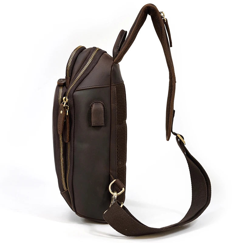Genuine Leather Men'S Chest Bag Vintage Cow Leather USB Charging Summer Crossbody Bag Travel Sling Shoulder Bags Crossbody Bags
