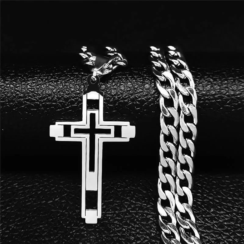 Hip Hop Cross Stainless Steel Chain Necklaces Gold Color Long Pendant Necklace for Women Men Christian Jewelry Collier Homme