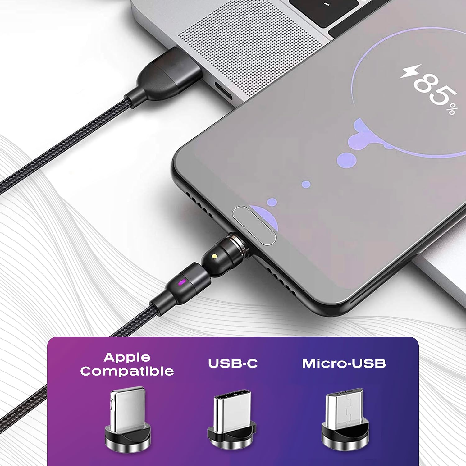Câble de Charge Magnétique 3-en-1 - USB-C, Micro-USB, Lightning