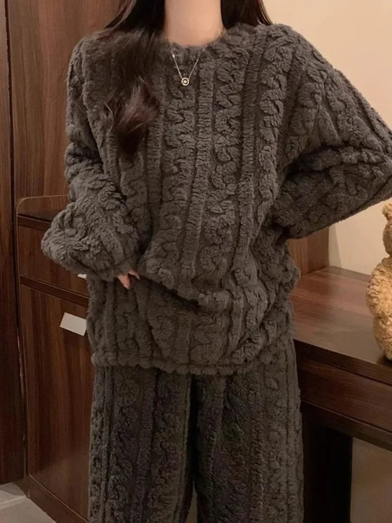 2024 Solid Color Coral Fleece O-Neck Women Pajama Sets Long Sleeve Plush 2 Piece Sets Fashion Comfortable Ribbed Cozy Sleepwear