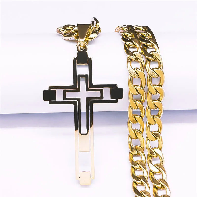 Hip Hop Cross Stainless Steel Chain Necklaces Gold Color Long Pendant Necklace for Women Men Christian Jewelry Collier Homme