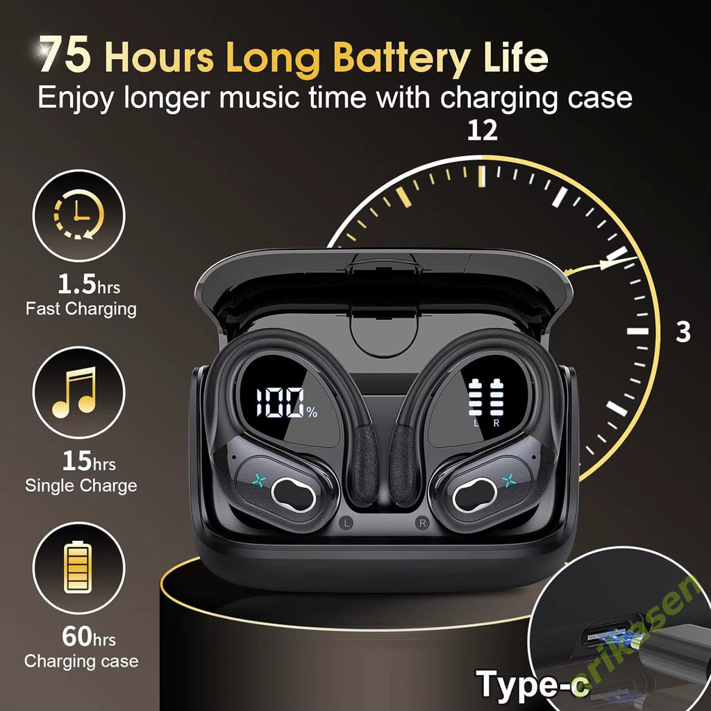 Bluetooth 5.3 Headphones 2024 Wireless Earbuds 75Hrs Sport Bluetooth Earphone with Noise Cancelling Mic IPX7 Waterproof Headsets