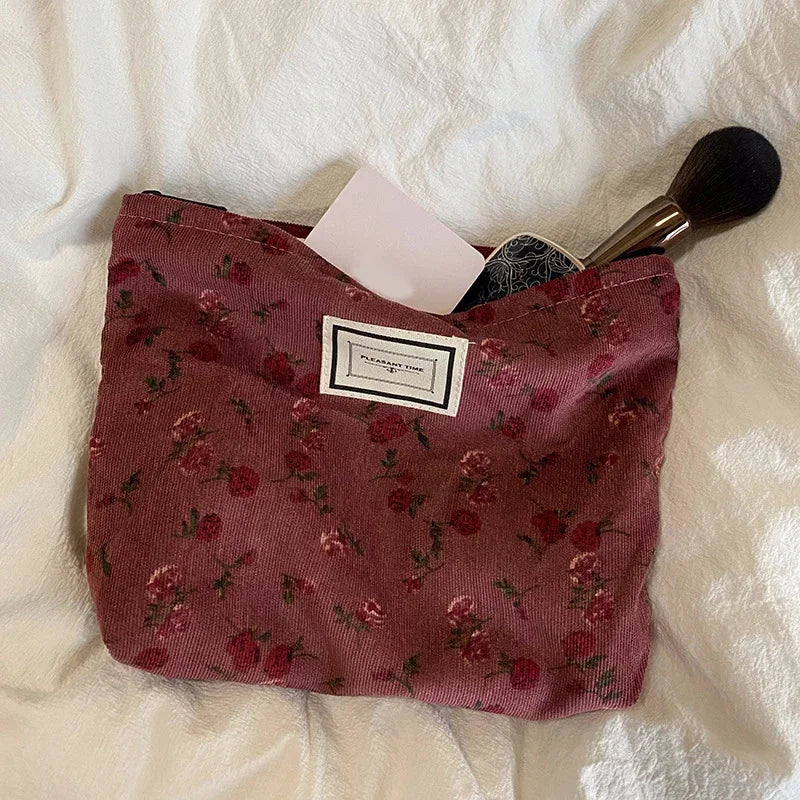 Women'S Cosmetic Bag Corduroy Flower Lipsticks Makeup Bag Korean Student Pencil Case Travel Makeup Brushes Bag Neceser Organizer