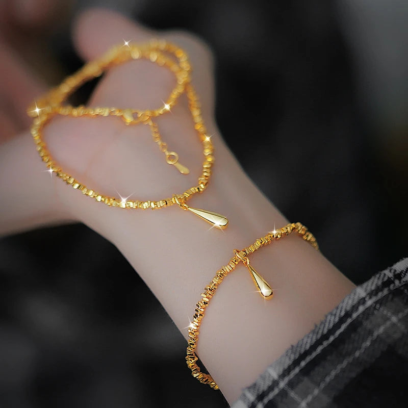 Luxury 14 K Gold Color Water Droplet Bracelet Necklace for Women Fashion Shiny Jewelry Set Wedding Anniversary Jewelry Gifts
