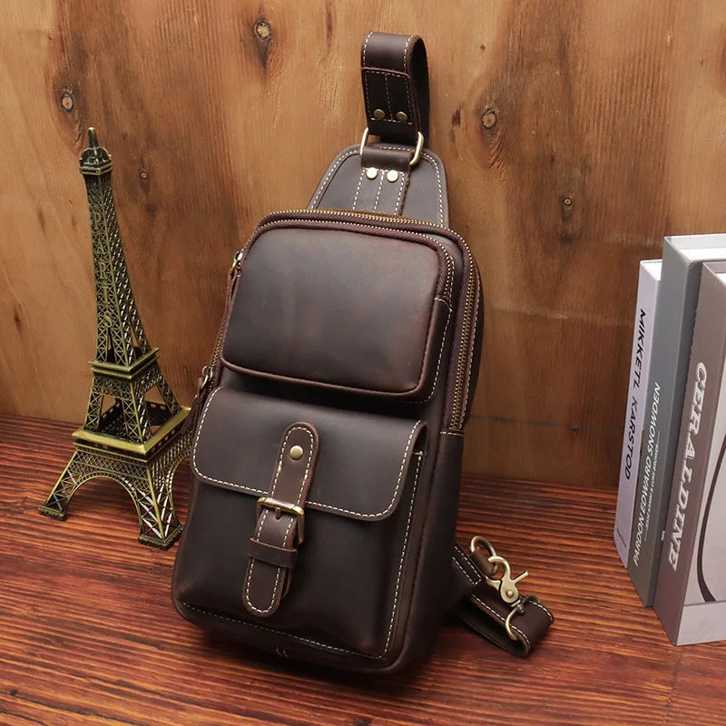Genuine Leather Men'S Chest Bag Vintage Cow Leather USB Charging Summer Crossbody Bag Travel Sling Shoulder Bags Crossbody Bags