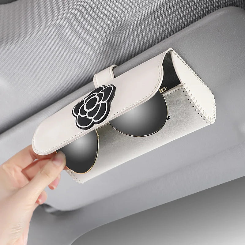 Camellia Flower Leather Car Glasses Holder Universal Sunglasses Case Sunshade Organizer Storage Box Auto Interior Accessories