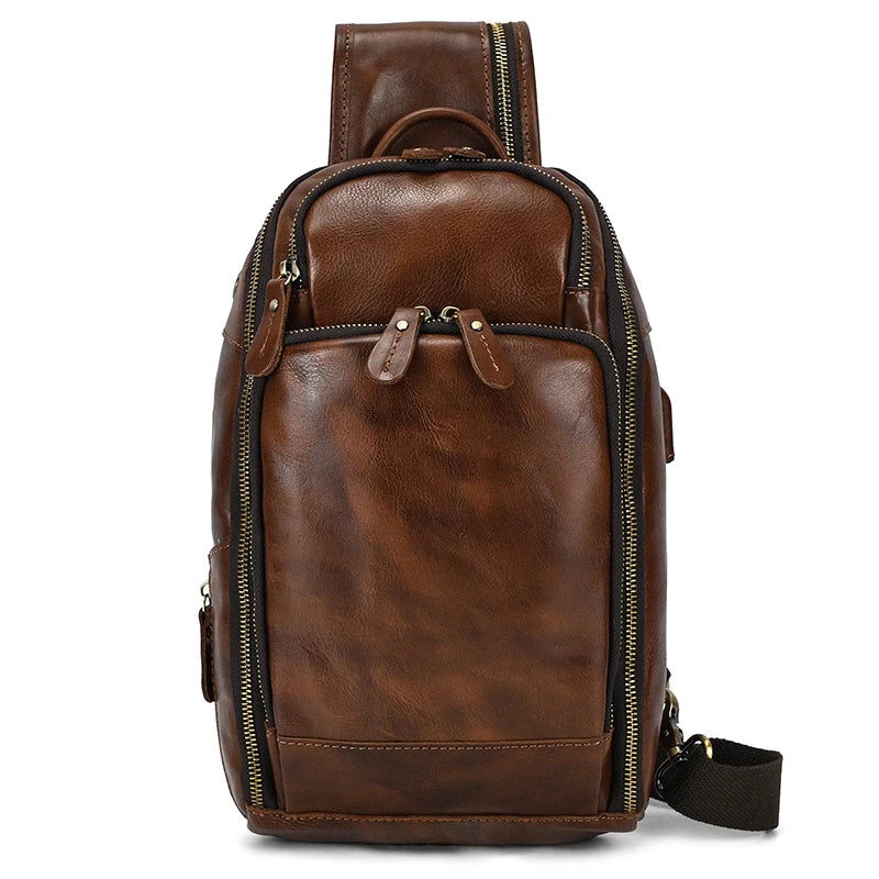 Genuine Leather Men'S Chest Bag Vintage Cow Leather USB Charging Summer Crossbody Bag Travel Sling Shoulder Bags Crossbody Bags