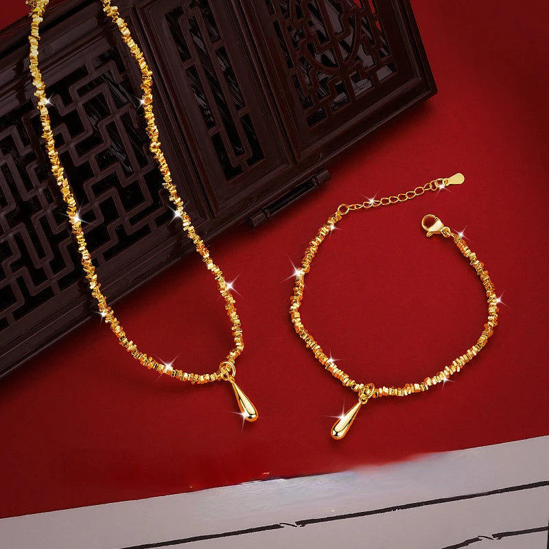 Luxury 14 K Gold Color Water Droplet Bracelet Necklace for Women Fashion Shiny Jewelry Set Wedding Anniversary Jewelry Gifts