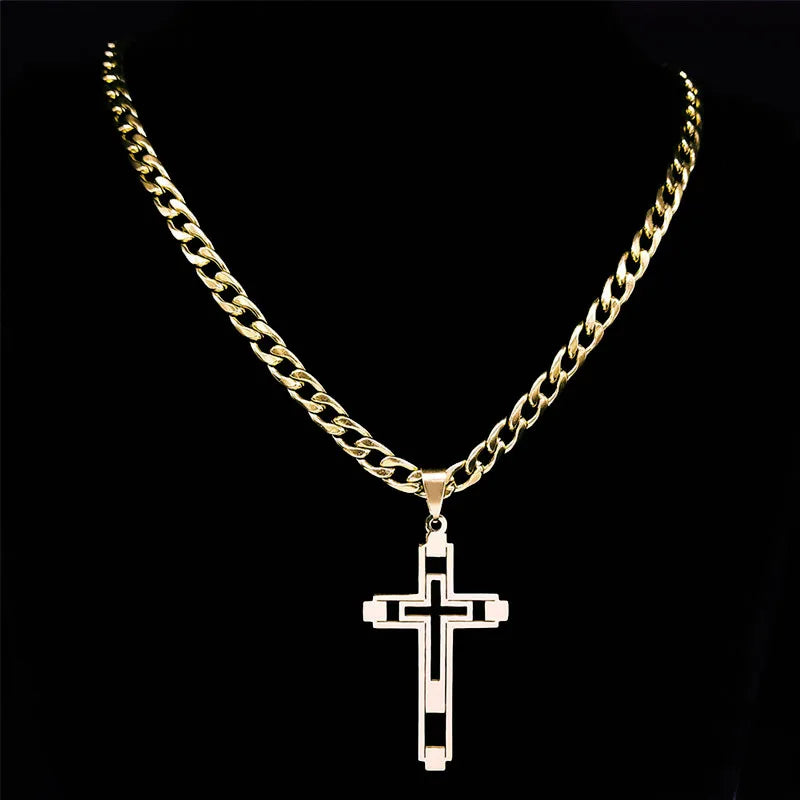 Hip Hop Cross Stainless Steel Chain Necklaces Gold Color Long Pendant Necklace for Women Men Christian Jewelry Collier Homme