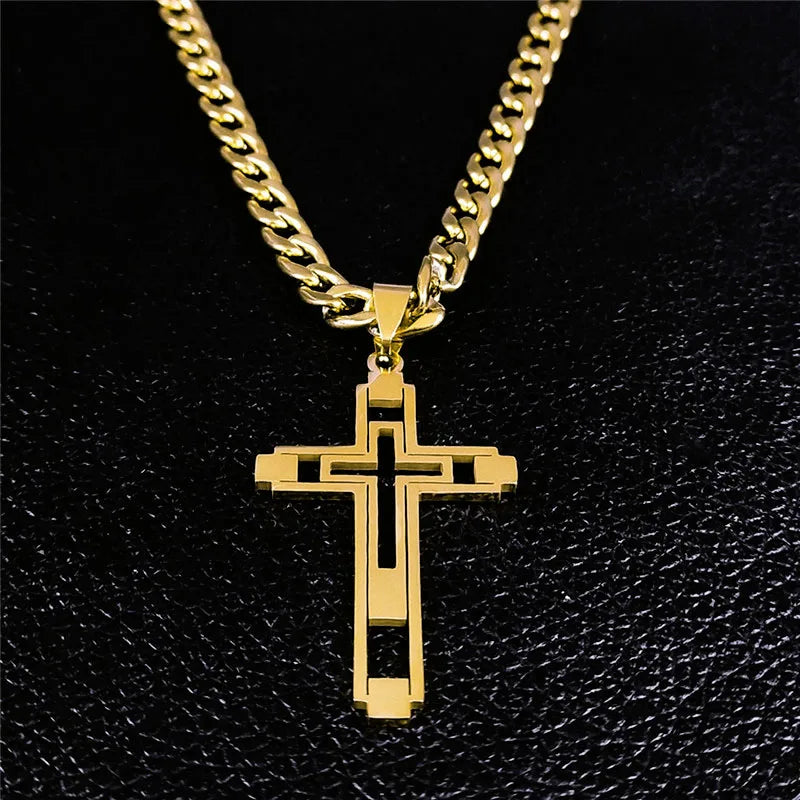 Hip Hop Cross Stainless Steel Chain Necklaces Gold Color Long Pendant Necklace for Women Men Christian Jewelry Collier Homme