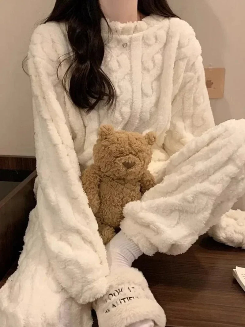 2024 Solid Color Coral Fleece O-Neck Women Pajama Sets Long Sleeve Plush 2 Piece Sets Fashion Comfortable Ribbed Cozy Sleepwear