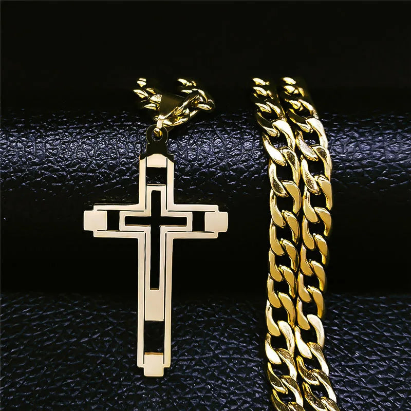 Hip Hop Cross Stainless Steel Chain Necklaces Gold Color Long Pendant Necklace for Women Men Christian Jewelry Collier Homme