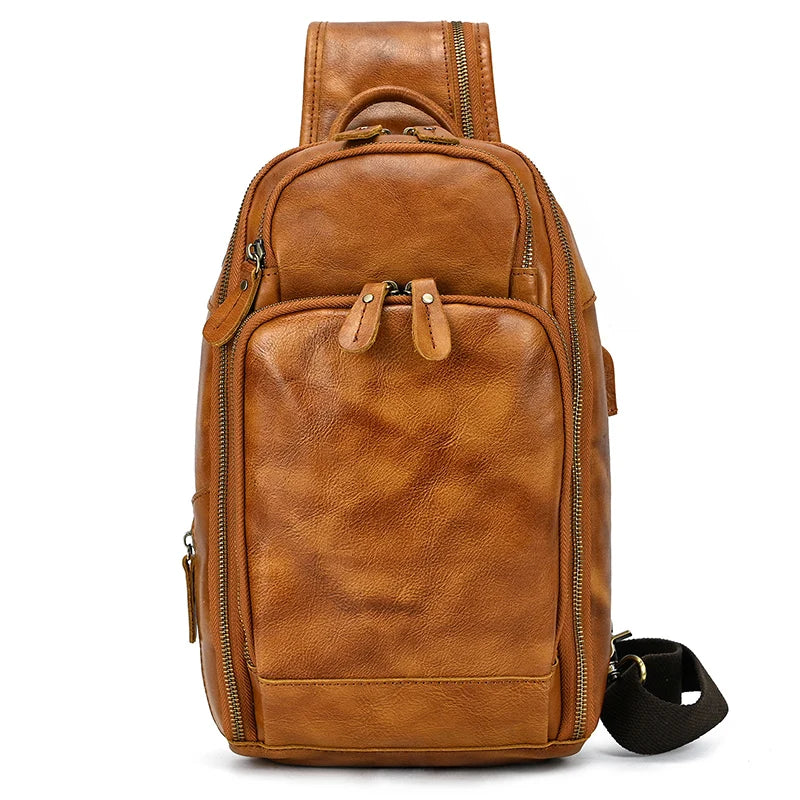 Genuine Leather Men'S Chest Bag Vintage Cow Leather USB Charging Summer Crossbody Bag Travel Sling Shoulder Bags Crossbody Bags