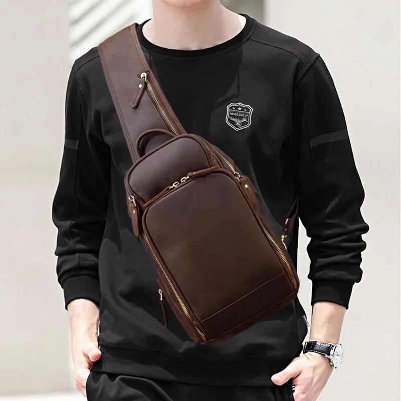 Genuine Leather Men'S Chest Bag Vintage Cow Leather USB Charging Summer Crossbody Bag Travel Sling Shoulder Bags Crossbody Bags