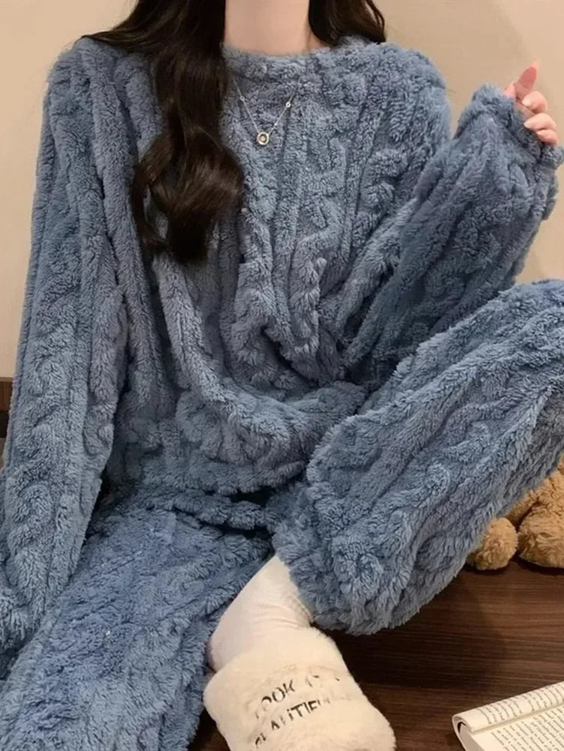 2024 Solid Color Coral Fleece O-Neck Women Pajama Sets Long Sleeve Plush 2 Piece Sets Fashion Comfortable Ribbed Cozy Sleepwear