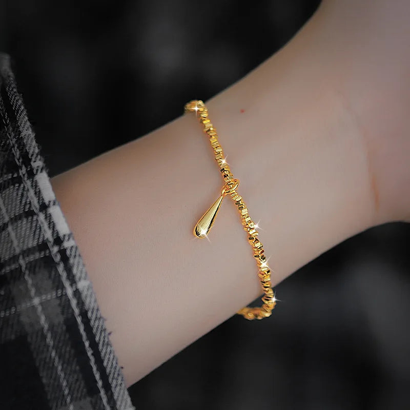 Luxury 14 K Gold Color Water Droplet Bracelet Necklace for Women Fashion Shiny Jewelry Set Wedding Anniversary Jewelry Gifts