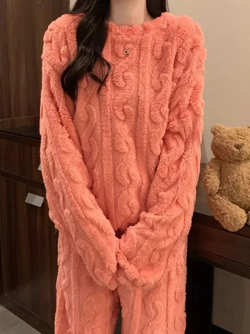 2024 Solid Color Coral Fleece O-Neck Women Pajama Sets Long Sleeve Plush 2 Piece Sets Fashion Comfortable Ribbed Cozy Sleepwear